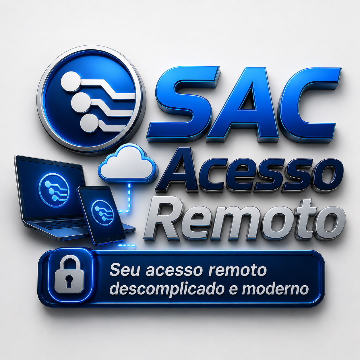 SAC Acesso Remoto — logo 3D com laptop e smartphone conectados por nuvem
